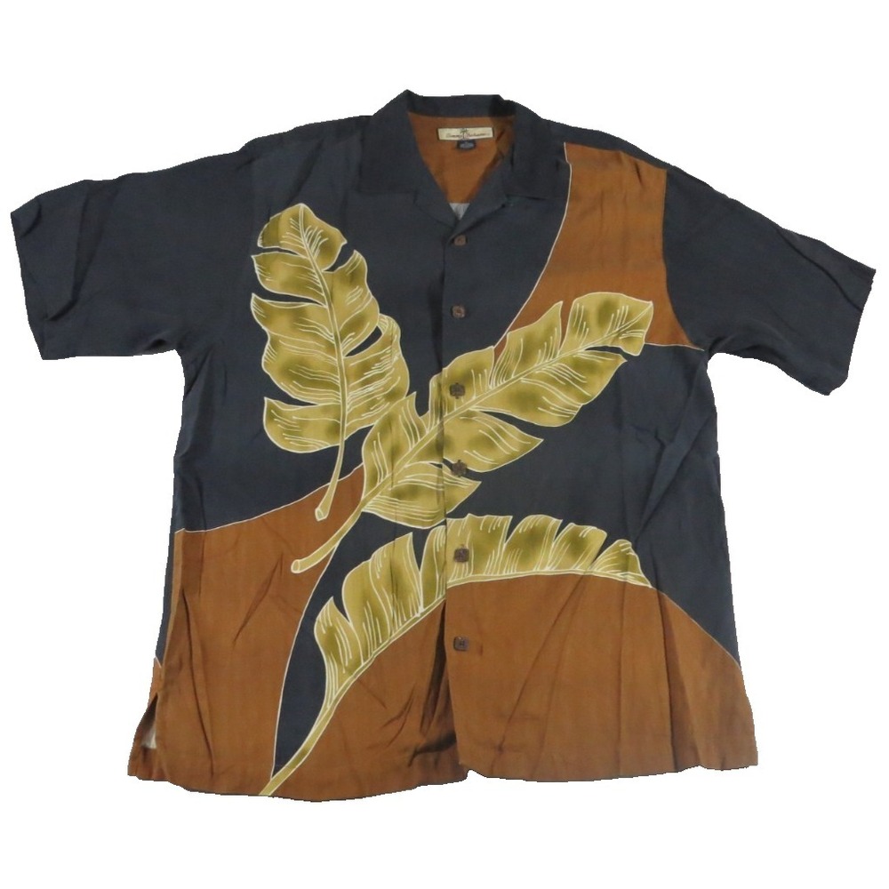 Tommy Bahama VTG Y2K Shirt Men M Silk Brown Black Banana Leaf Panel Camp Button